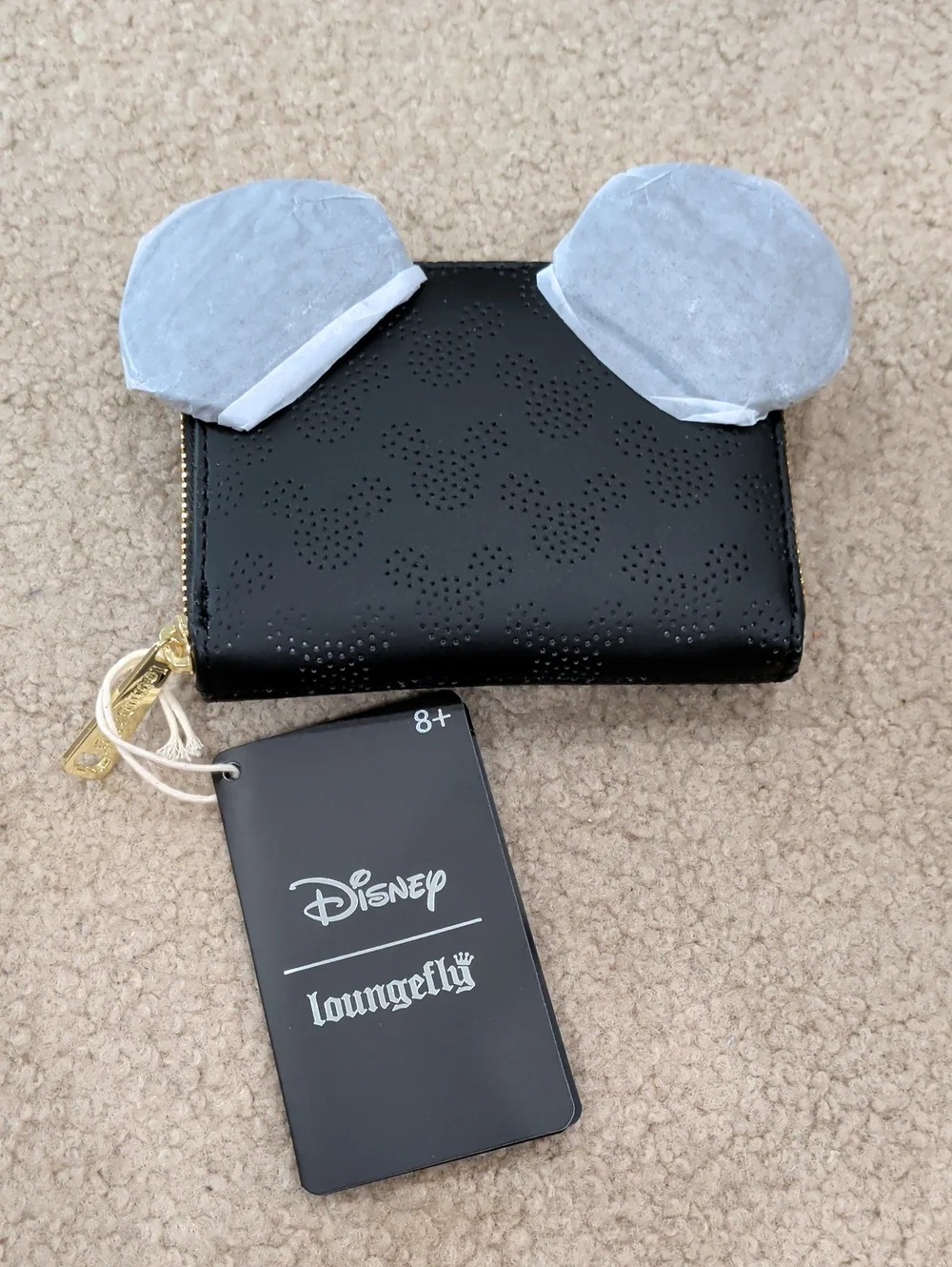 Loungefly Black Perforated Mickey Ear Zip Wallet with Gold Hardware